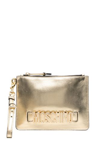 Moschino logo-lettering metallic-effect clutch bag - Gold