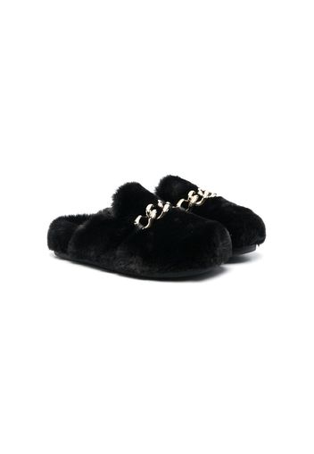 Nº21 Kids chain detail furry slippers - Schwarz