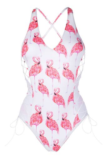 Noire Swimwear Badeanzug mit Flamingo-Print - Weiß