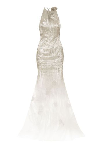 Oscar de la Renta Maxikleid mit Applikation - Silber