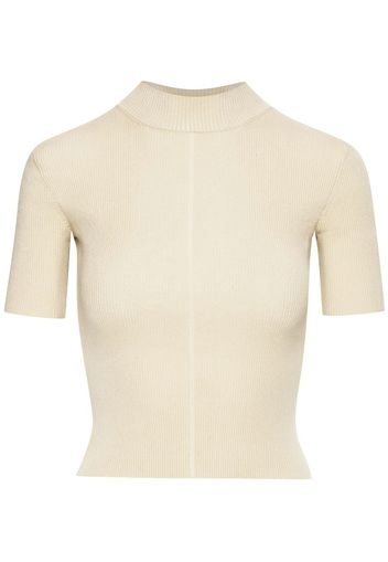 Oscar de la Renta ribbed short-sleeved knitted top - Nude