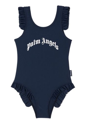 Palm Angels Kids Gerüschter Badeanzug mit Logo-Print - Blau