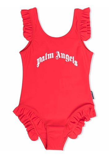Palm Angels Kids logo-print ruffle-cuff swimsuit - Rot