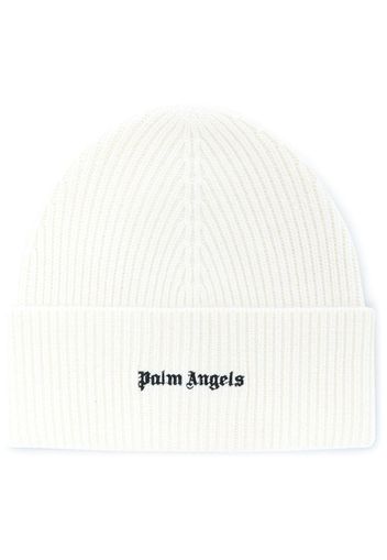 Palm Angels Gerippte Beanie mit Logo-Stickerei - Weiß