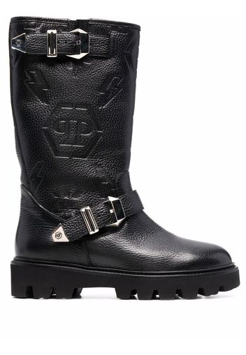 Philipp Plein Bikerstiefel mit Monogramm-Prägung - Schwarz