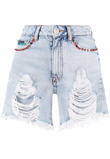 Philipp Plein Jeans-Shorts mit Kristallen - Blau