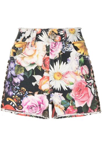 Philipp Plein Jeans-Shorts mit Blumen-Print - Schwarz