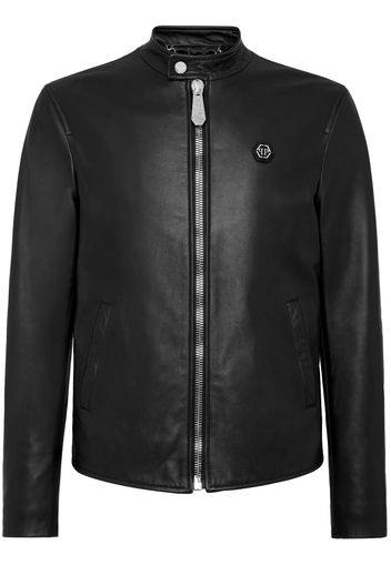 Philipp Plein logo-patch leather jacket - Schwarz