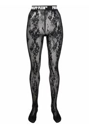 Philipp Plein floral-lace logo-waistband tights - Schwarz