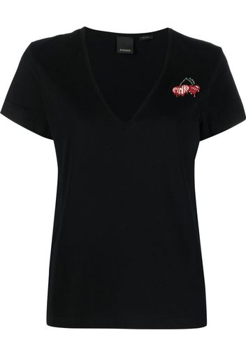 PINKO logo-embroidered V-neck T-shirt - Schwarz