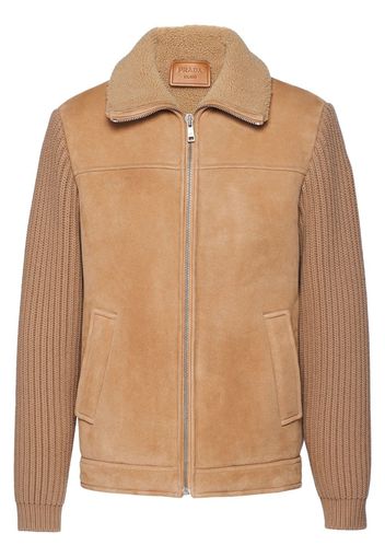 Prada logo-patch shearling zip-up jacket - Braun