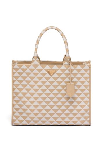 Prada Large Prada Symbole embroidered fabric handbag - Nude