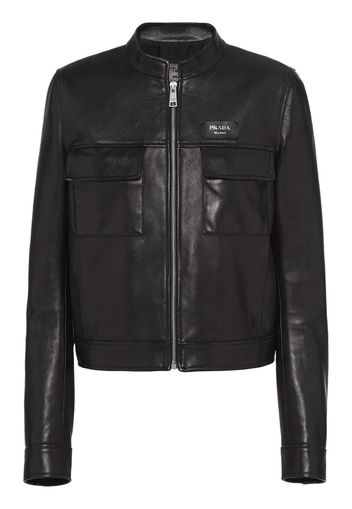 Prada logo-patch zip-up leather jacket - Schwarz