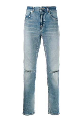 Saint Laurent Schmale Distressed-Jeans - Blau