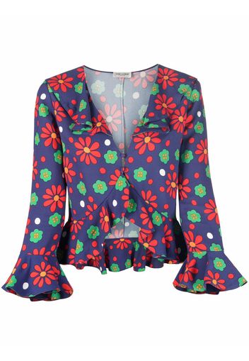 Saint Laurent floral-print ruffled blouse - Blau