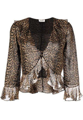 Saint Laurent leopard-print frilled blouse - Braun