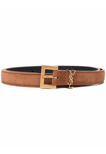 Saint Laurent suede square-buckle monogram logo belt - Braun