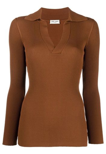 SAINT LAURENT Gerippter Pullover mit V-Ausschnitt - Braun