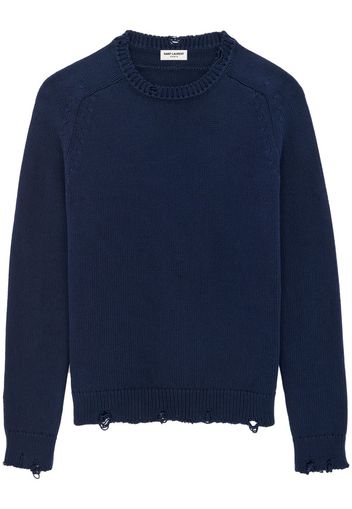 Saint Laurent distressed-effect knit cotton sweater - Blau