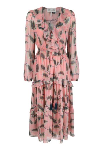 Saloni feather-print pleated dress - Rosa