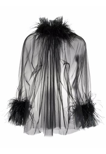 Styland Semi-transparente Bluse mit Federbesatz - Schwarz