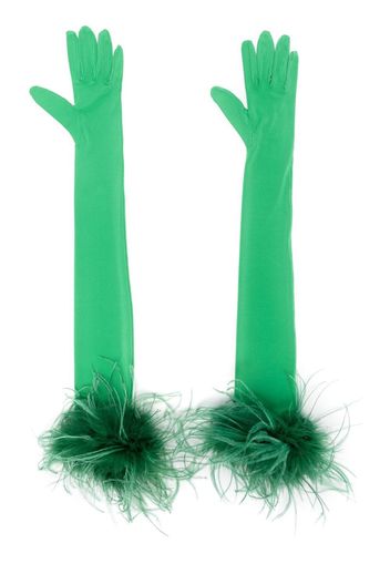 Styland feather-trim long-length gloves - Grün