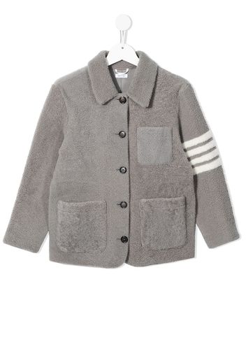 Thom Browne Kids PATCH POCKET BUTTON JACKET W/ 4 BAR IN SHEARLING - Grau