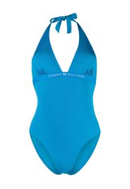 Tommy Hilfiger logo-tape ribbed halterneck swimsuit - Blau