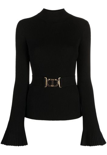 TWINSET Oval T belted ribbed-knit top - Schwarz