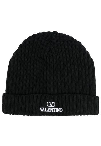 Valentino VLogo-embroidered ribbed wool beanie - Schwarz