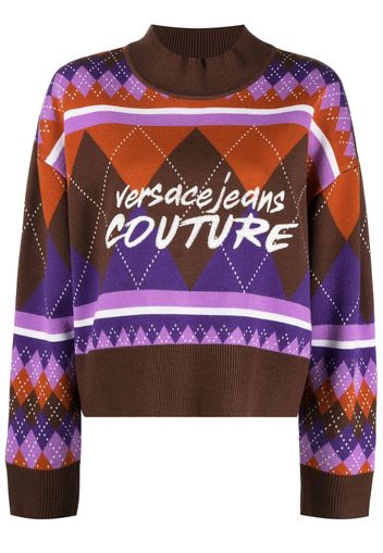 Versace Jeans Couture argyle-knit logo-embroidered jumper - Braun