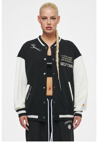 Ahead of Time Female Sala Oversized Varsity Jacket Washed Black Pearl White