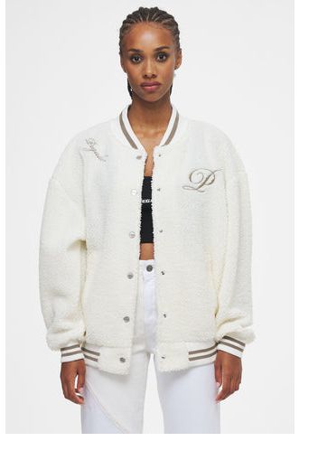 Ahead of Time Female Tolita Teddy Oversized Varsity Jacket Pearl White