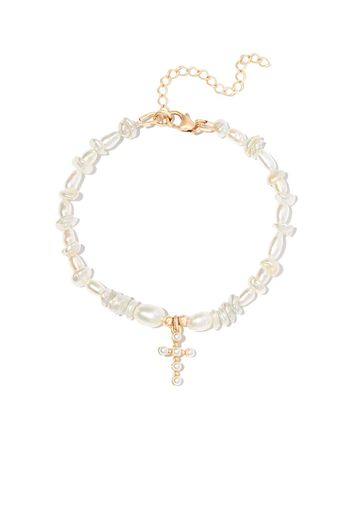 A Sinner in Pearls pearl beaded cross charm bracelet - Bianco