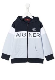 Aigner Kids logo-print panelled zip hoodie - Blu