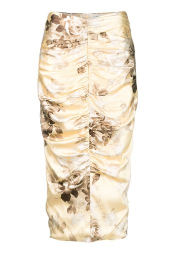 Alessandra Rich rose-print ruched pencil skirt - Giallo