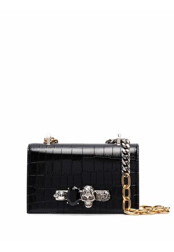 Alexander McQueen skull-embroidered crocodile-effect crossbody bag - Nero