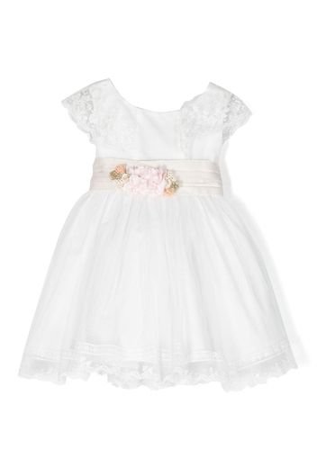 AMAYA floral-appliqué belted lace dress - Bianco