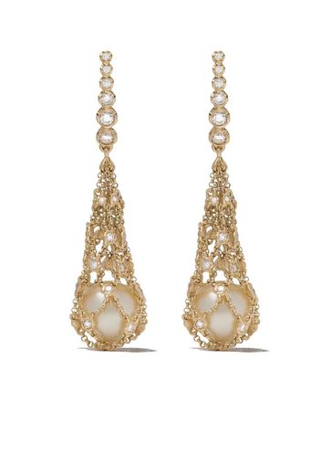 18kt yellow gold Lattice Net pearl and diamond earrings