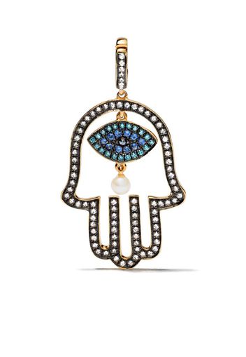 18kt yellow gold Mythology Hand Of Fatima diamond, sapphire and pearl pendant necklace