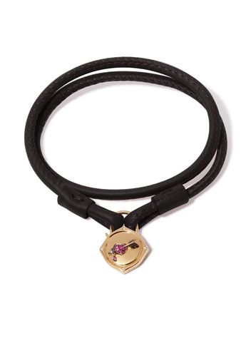 18kt yellow gold Lovelock heart & arrow diamond and pink sapphire charm black leather bracelet