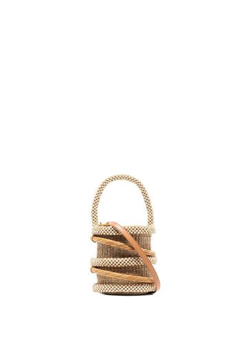 brown woven beaded bucket bag