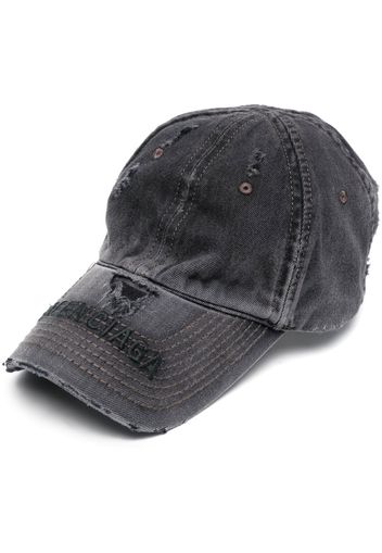 Balenciaga logo-embroidered distressed denim cap - Grigio