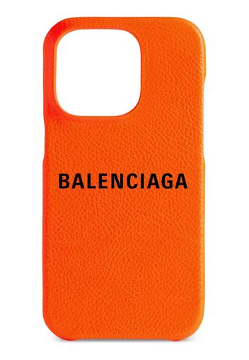 Balenciaga logo-print leather iPhone 14 Pro case - Arancione