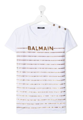 Balmain Kids TEEN logo sequin-stripe T-shirt - Bianco