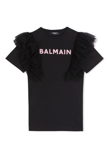 Balmain Kids logo-print ruffled dress - Nero