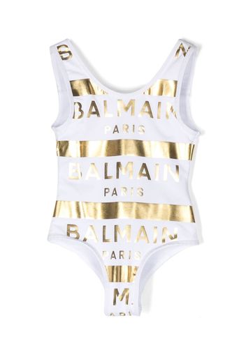 Balmain Kids metallic logo-print swimsuit - Bianco