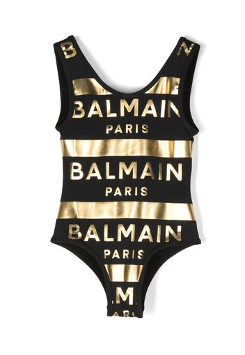 Balmain Kids metallic logo-print swimsuit - Nero