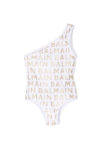 Balmain Kids glittery logo-detail one-shoulder swimsuit - Bianco