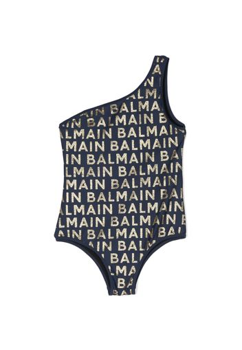 Balmain Kids logo-print off-shoulder swimsuit - Blu